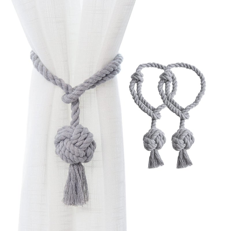 JQWUPUP 2 Pack Rustic Curtain Tiebacks - Outdoor Curtain Drapery Holdbacks Holders - Hand Knitting Cotton Rope Drape Tie Backs for Sheer and Blackout Curtain(Set of 2, Grey) - Image 1